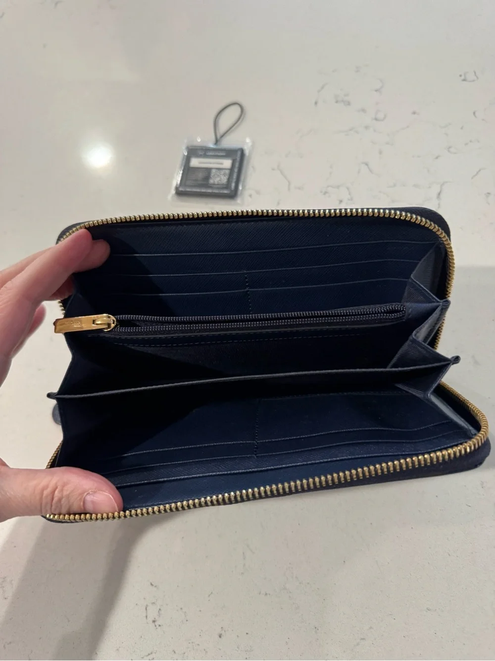 Ferragamo Gold-Accent Navy Zip Wallet